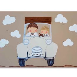 Cuadro pintado a mano: Amigos de viaje, hermanos en coche