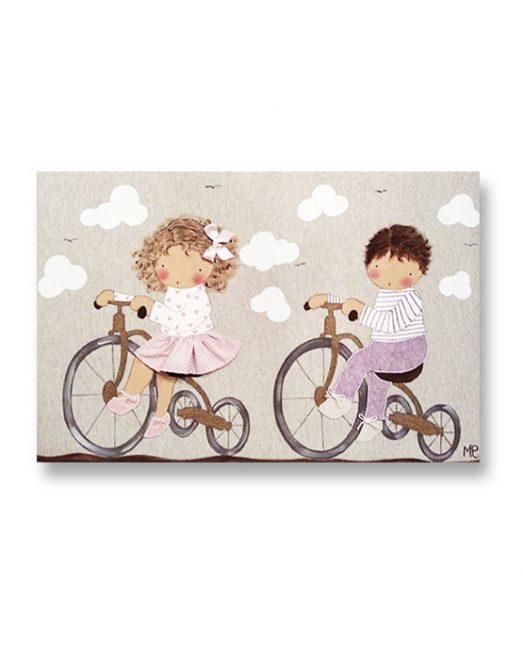 cuadro infantil hermanos bicicletapersonalizados con nombre artesanales lienzos decoracion regalos bebes niños niñas blaucasa hermanos bicicleta