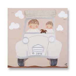 Cuadro infantil personalizado: Dos hermanos exploradores en coche