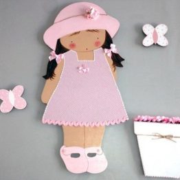 silueta infantil niña con maceta mariposas rosa sombrero