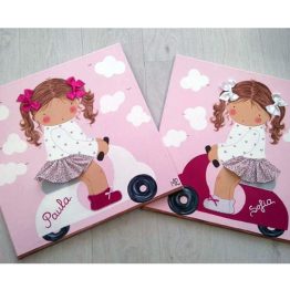 cuadro infantil rosa para niña en vespa personalizado pintado a mano con nombre