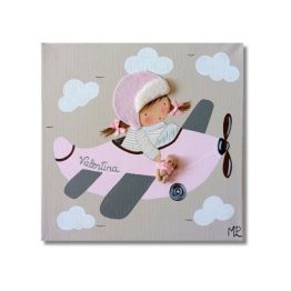 Cuadro Infantil Personalizado: Niña en Avión Rosa