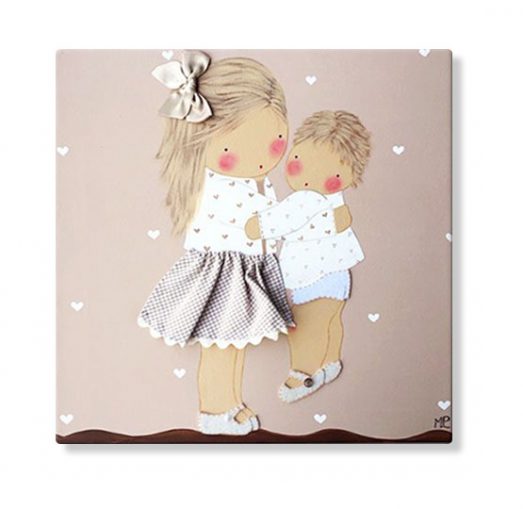 cuadros infantiles personalizados con nombre artesanales lienzos decoracion regalos bebes niños niñas blaucasa hermanas abrazadas
