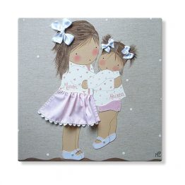 cuadros infantiles personalizados con nombre artesanales lienzos decoracion regalos bebes niños niñas blaucasa hermanas abrazadas