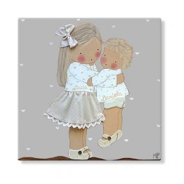 cuadros infantiles personalizados con nombre artesanales lienzos decoracion regalos bebes niños niñas blaucasa hermanas abrazadas
