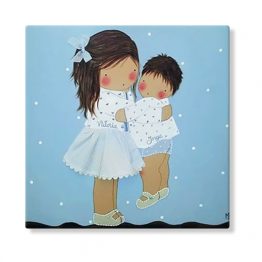 cuadros infantiles personalizados con nombre artesanales lienzos decoracion regalos bebes niños niñas blaucasa hermanas abrazadas