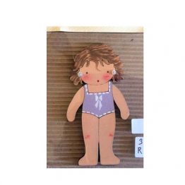muñecas recortables de madera y disfraz blaucasa bañador lila