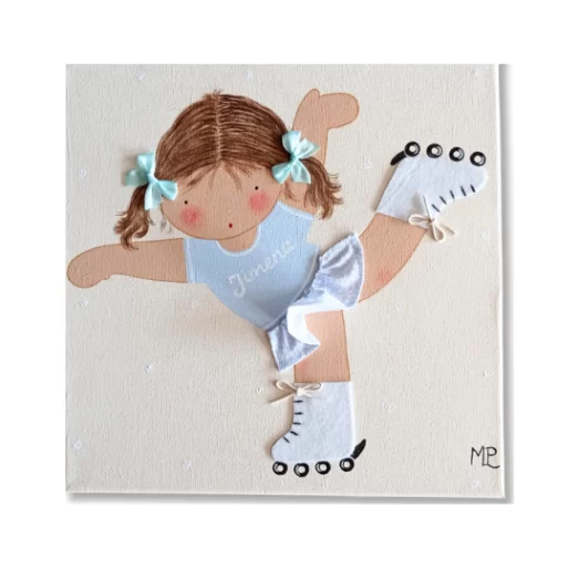 Cuadro artesanal personalizado con una encantadora ilustración de una niña patinadora, rodeada de nubes y luciendo una falda y lazos. Una obra única y perfecta para decorar habitaciones infantiles